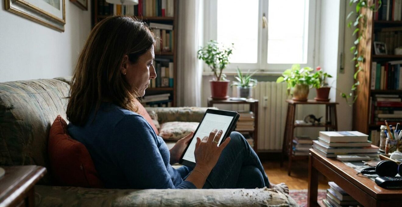 Proprietaria italiana che consulta valutazione immobiliare su tablet da casa