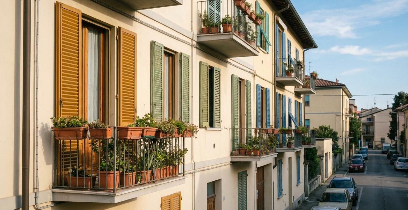 Palazzo residenziale italiano tipico con balconi fioriti, quartiere residenziale